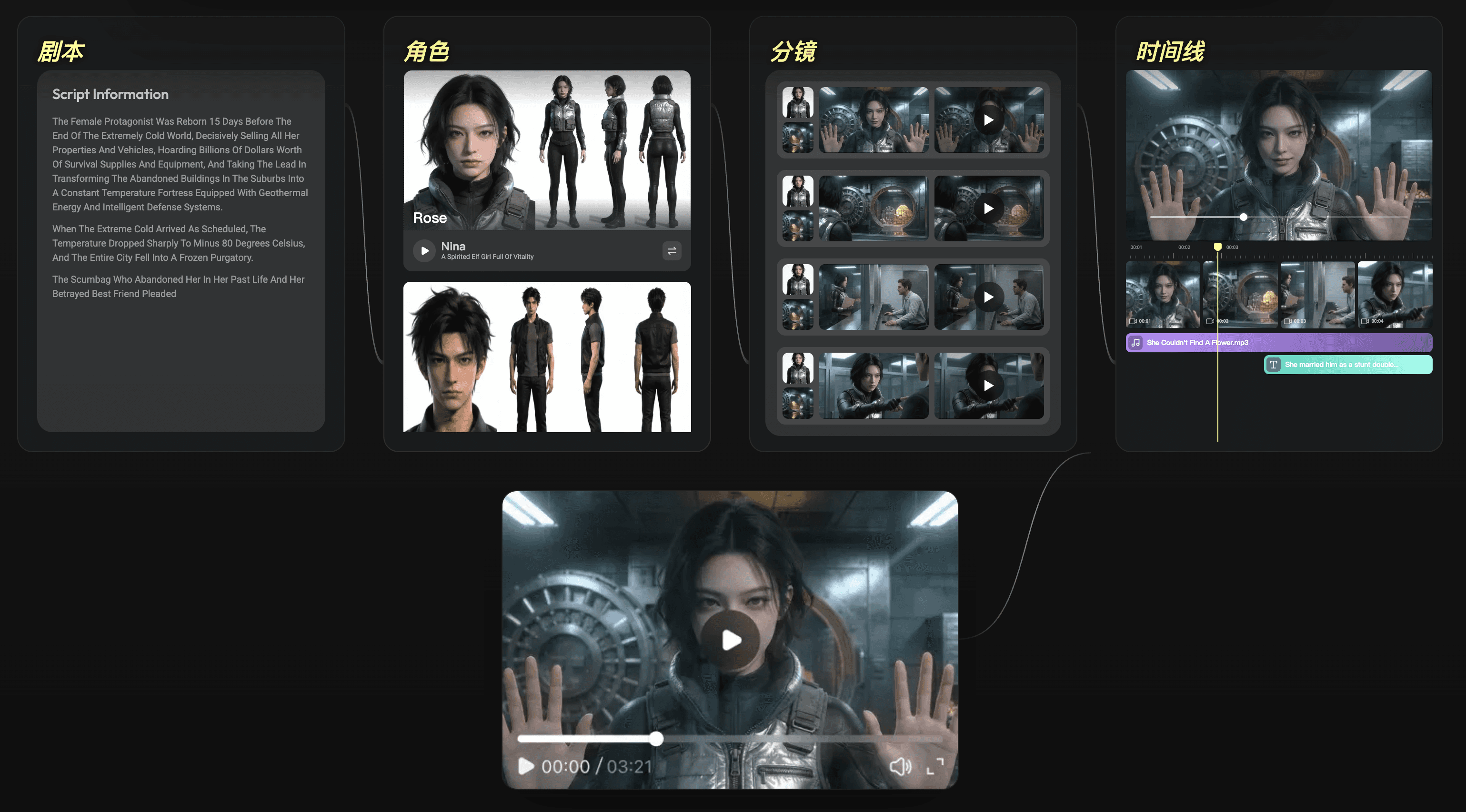 Zopias vollständiger Kreativ-Workflow von Skripten, Charakteren und Storyboards bis zur Timeline