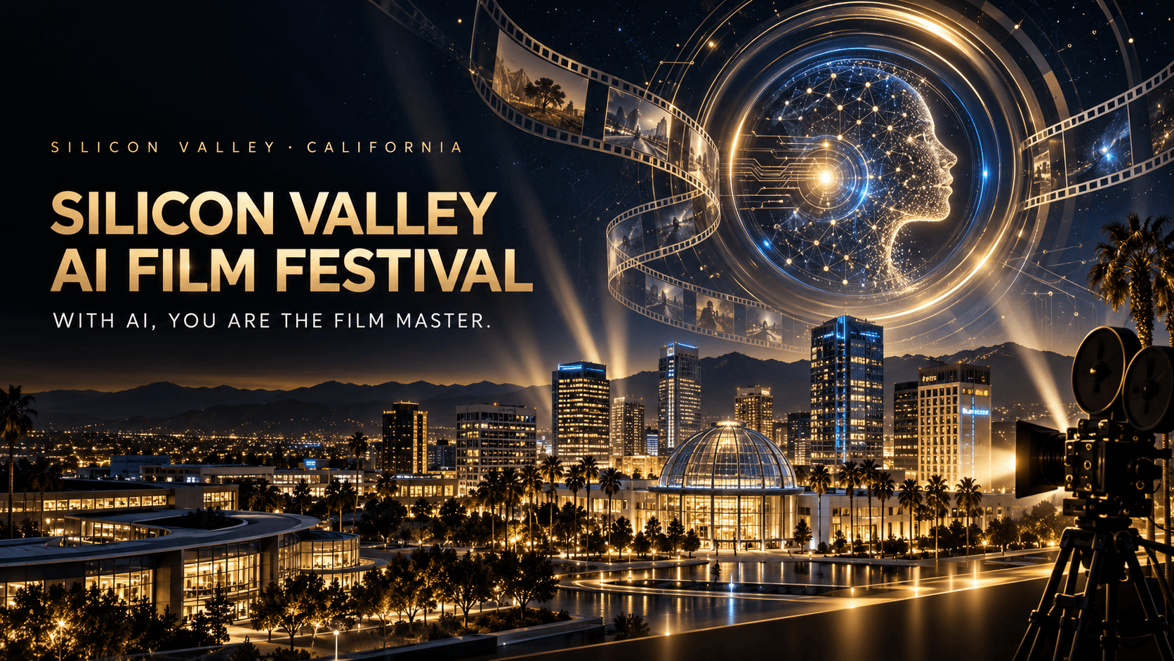 Silicon Valley AI Film Festival — a gold AI portrait surrounded by film reels above the Silicon Valley skyline